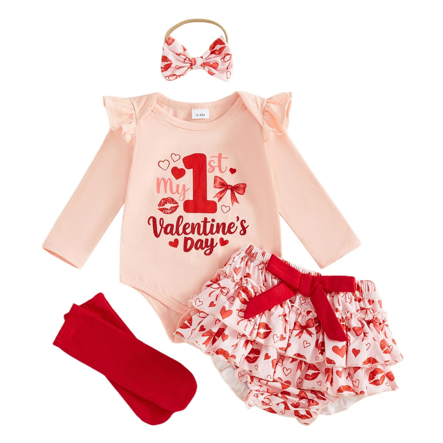 Kavousa My First Valentines Day Baby Girl Outfit Long Sleeve Romper + Tutu Skirts + Leg Warmers + Headband 4Pcs Spring Clothes (