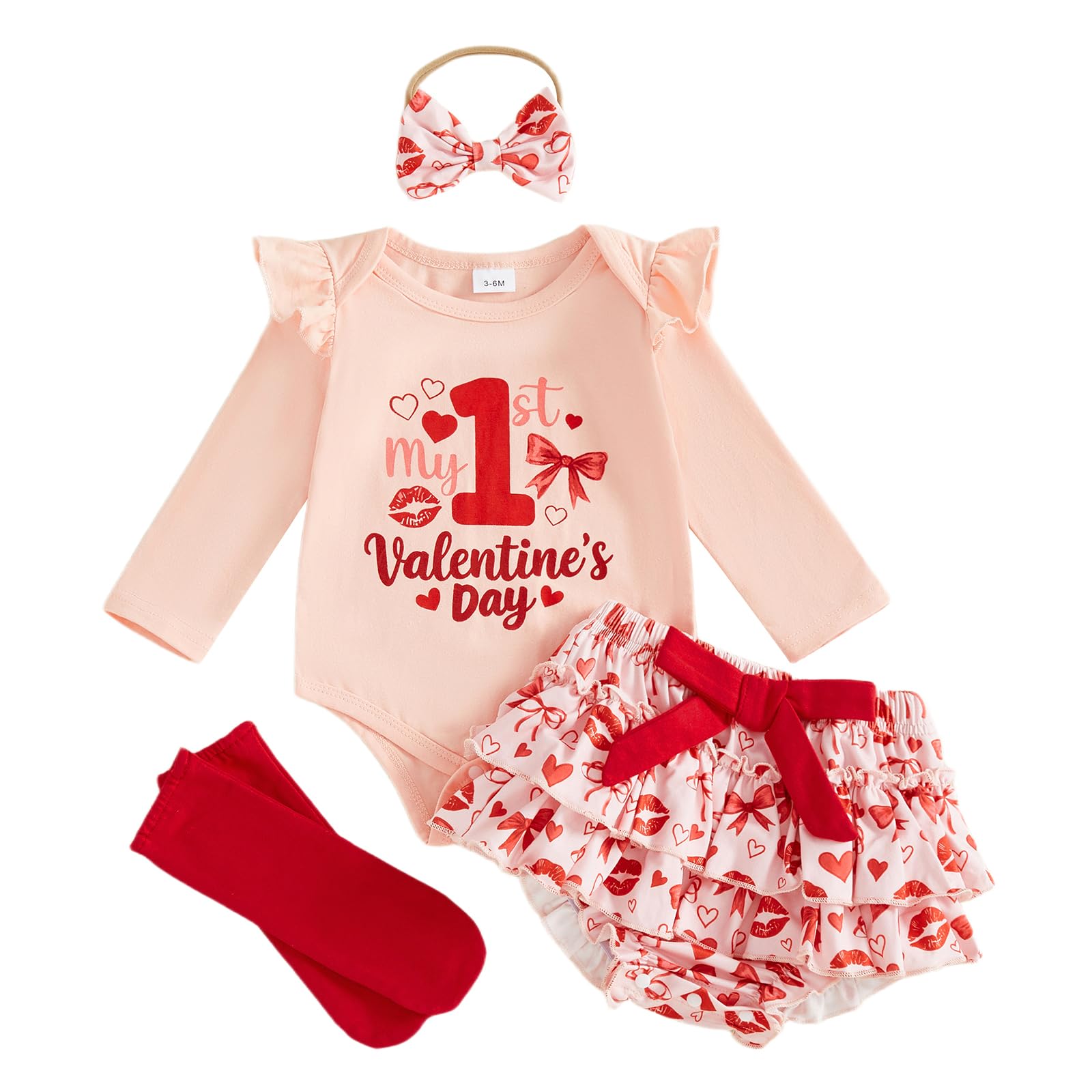 Kavousa My First Valentines Day Baby Girl Outfit Long Sleeve Romper + Tutu Skirts + Leg Warmers + Headband 4Pcs Spring Clothes (