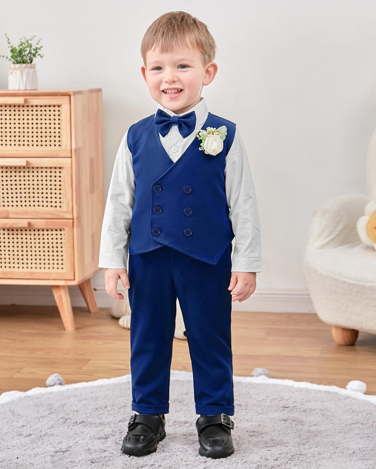 Yallet Toddler Baby Boy Clothes Suit Gentleman Wedding Outfits, Formal Dress Shirt+Bowtie+Vest+Boutonniere+Suspender Pants(V Blu