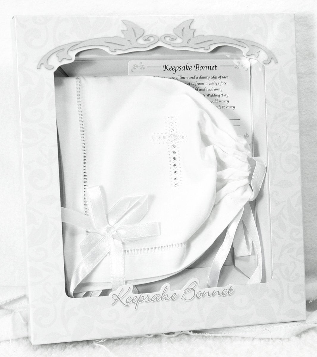 Stephan Baby Bonnets - White Cotton Christening Bonnet With Cutwork Embroidered Cross And Satin Bows, One Size, Straight Hem
