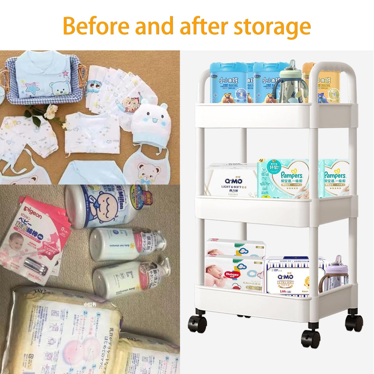 Baby Diaper Caddy, Plastic Movable Diaper Cart With Wheels Newborn Nursery Essentials Baby Diapers Organizer For Changing Table