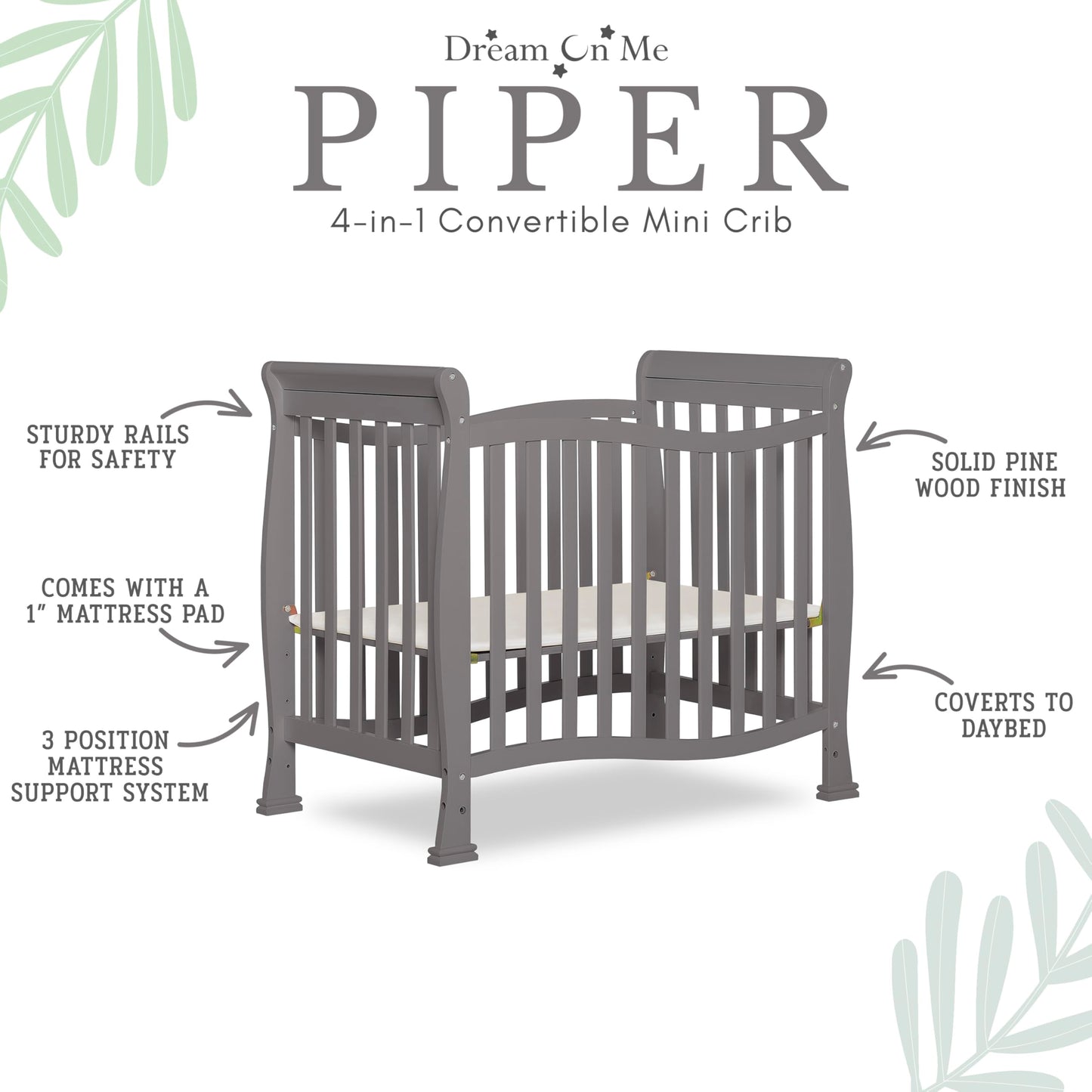 Dream On Me Violet 4-In-1 Convertible Mini Crib In Steel Grey, Greenguard Gold Certified, Jpma Certified, 3 Position Mattress He
