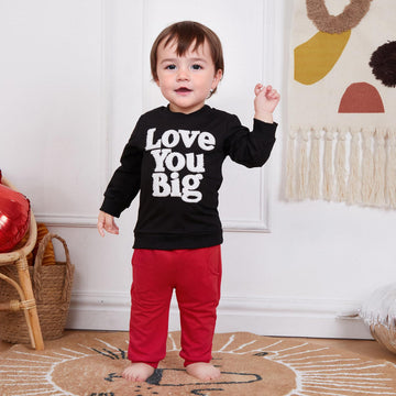 Nzndshd Valentines Day Baby Boy Outfit Letter Embroidered Long Sleeve Sweatshirt Heart Print Pants Set 2Pcs Clothes (Black Love