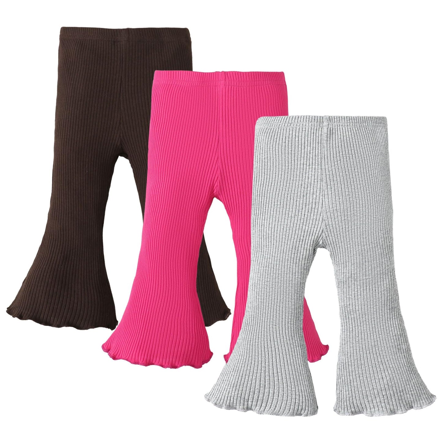 Sobowo Toddler Baby Girl Flare Pants 3 Pack Solid Ribbed Ruffle Bell Bottoms Pants Fall Outfits(Coffee/Rose/Gray, 18-24 Months)
