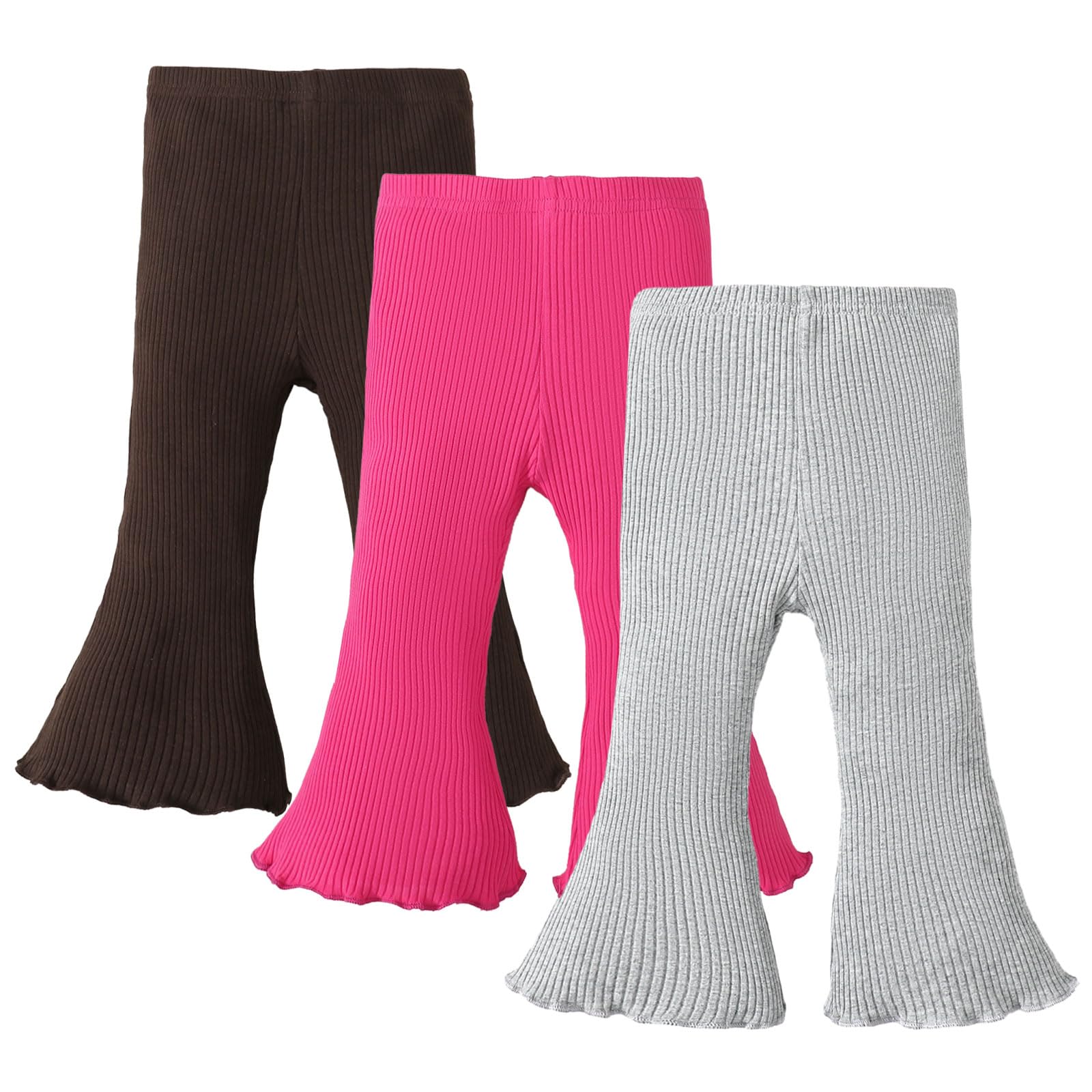 Sobowo Toddler Baby Girl Flare Pants 3 Pack Solid Ribbed Ruffle Bell Bottoms Pants Fall Outfits(Coffee/Rose/Gray, 9-12 Months)