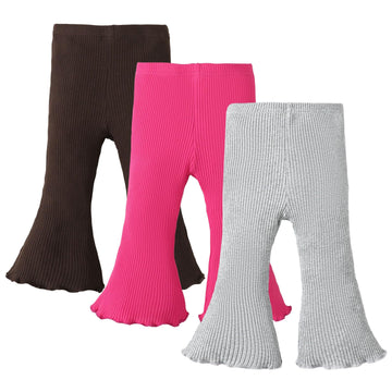 Sobowo Toddler Baby Girl Flare Pants 3 Pack Solid Ribbed Ruffle Bell Bottoms Pants Fall Outfits(Coffee/Rose/Gray, 12-18 Months)