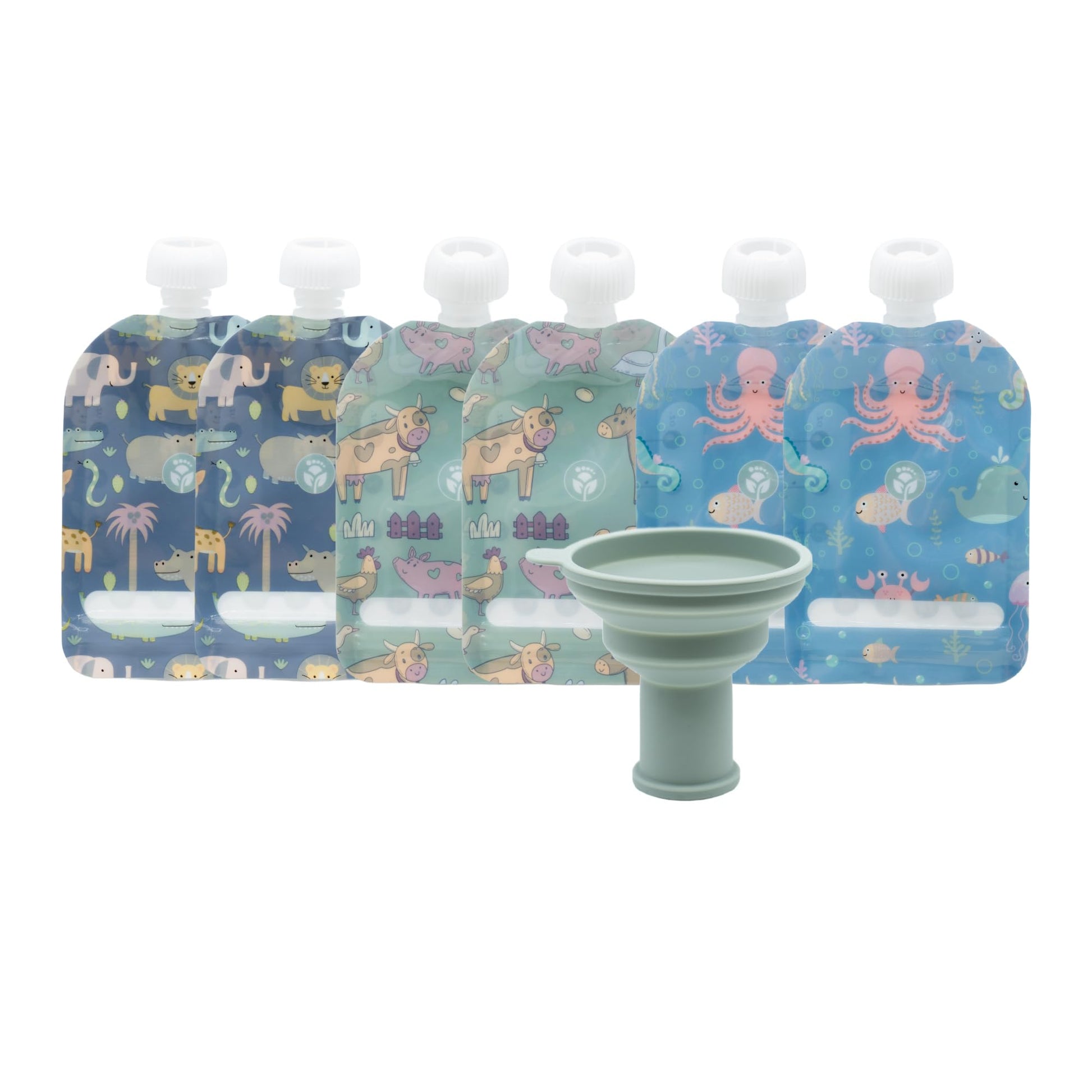 WeeSprout Double Zipper Reusable Food Pouches, Perfect for Babies & Toddlers, Freezer & Dishwasher Safe (Animals, 6 Piece Assort