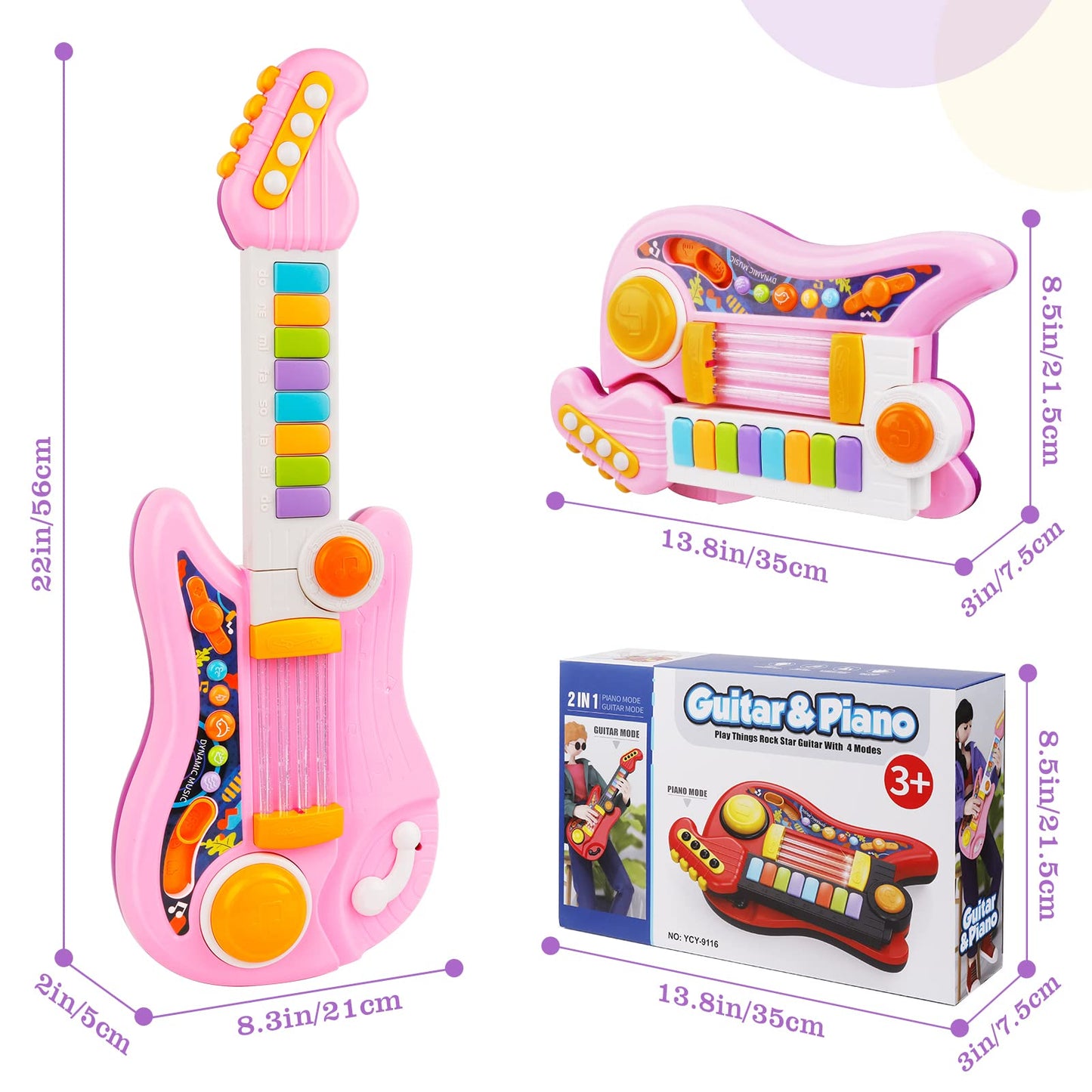 Kids Guitar, Perkidern Kids Electric Guitar Toy Toddler Guitar with Piano Mode Baby Guitar Children Guitar with Strap and Lights