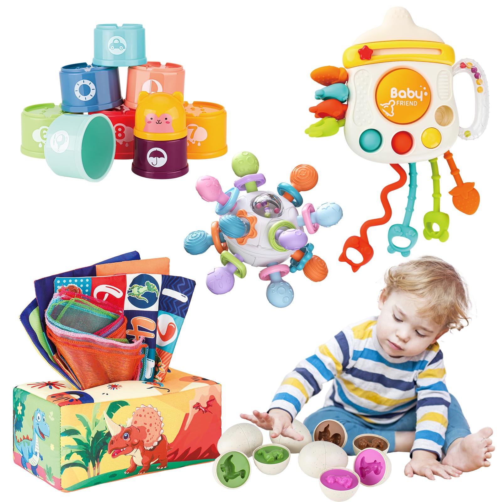 KADAYAYA Baby Toys Bundle 5 in 1 Montessori Sensory Toy for Baby 6 12 Months, Dinosaur Matching Eggs, Tissue Box Toy, Pull Strin