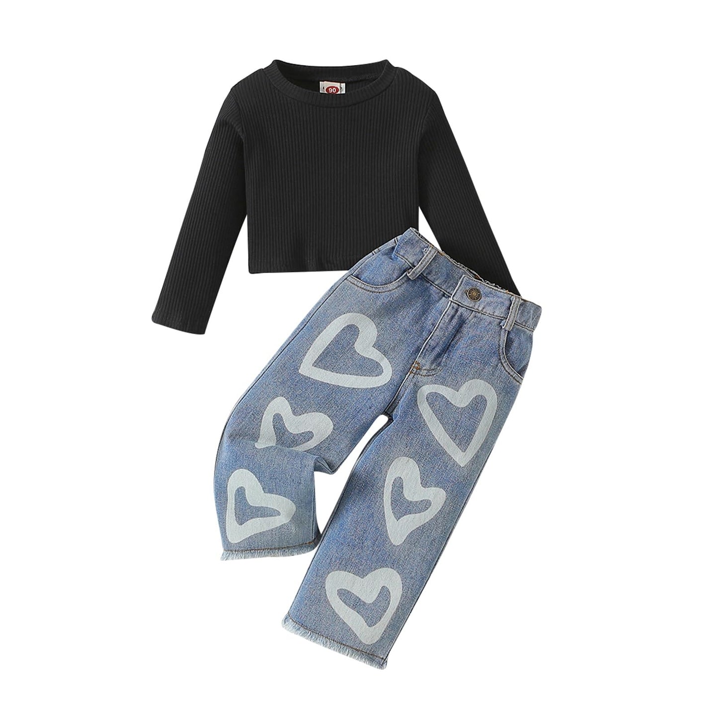 Toddler Girls Clothes 2T 3T 4T 5T 6T Ribbed Baby Kids Girl Denim Outfits Long Sleeve Tops Love Hearts Jeans Pant (Black, 6-7 Yea