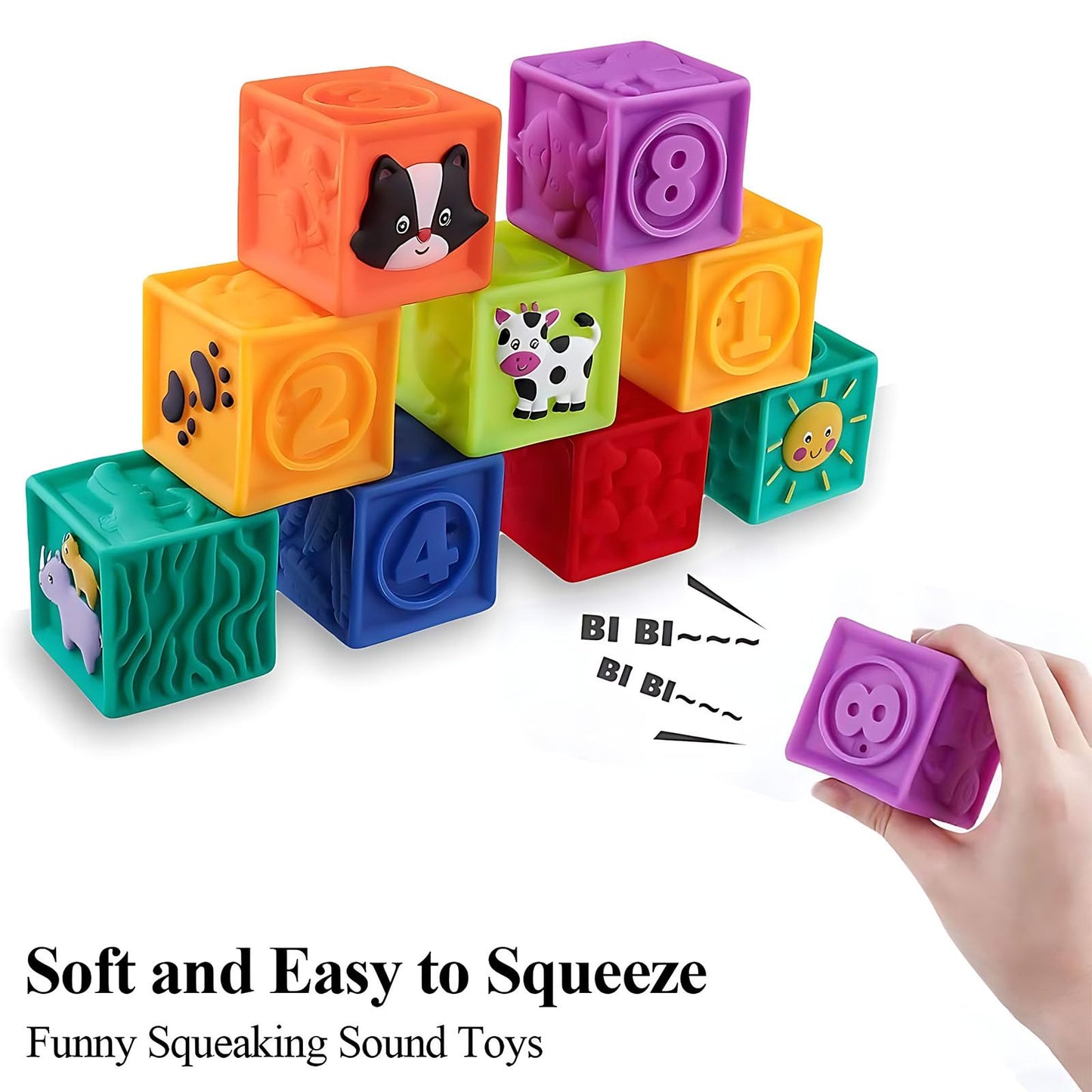Kingtree Baby Blocks, 9PCS Soft Squeeze Building Blocks Stacking Toys for 6+ Months Babies, Baby Teething Chewing Educational Bl