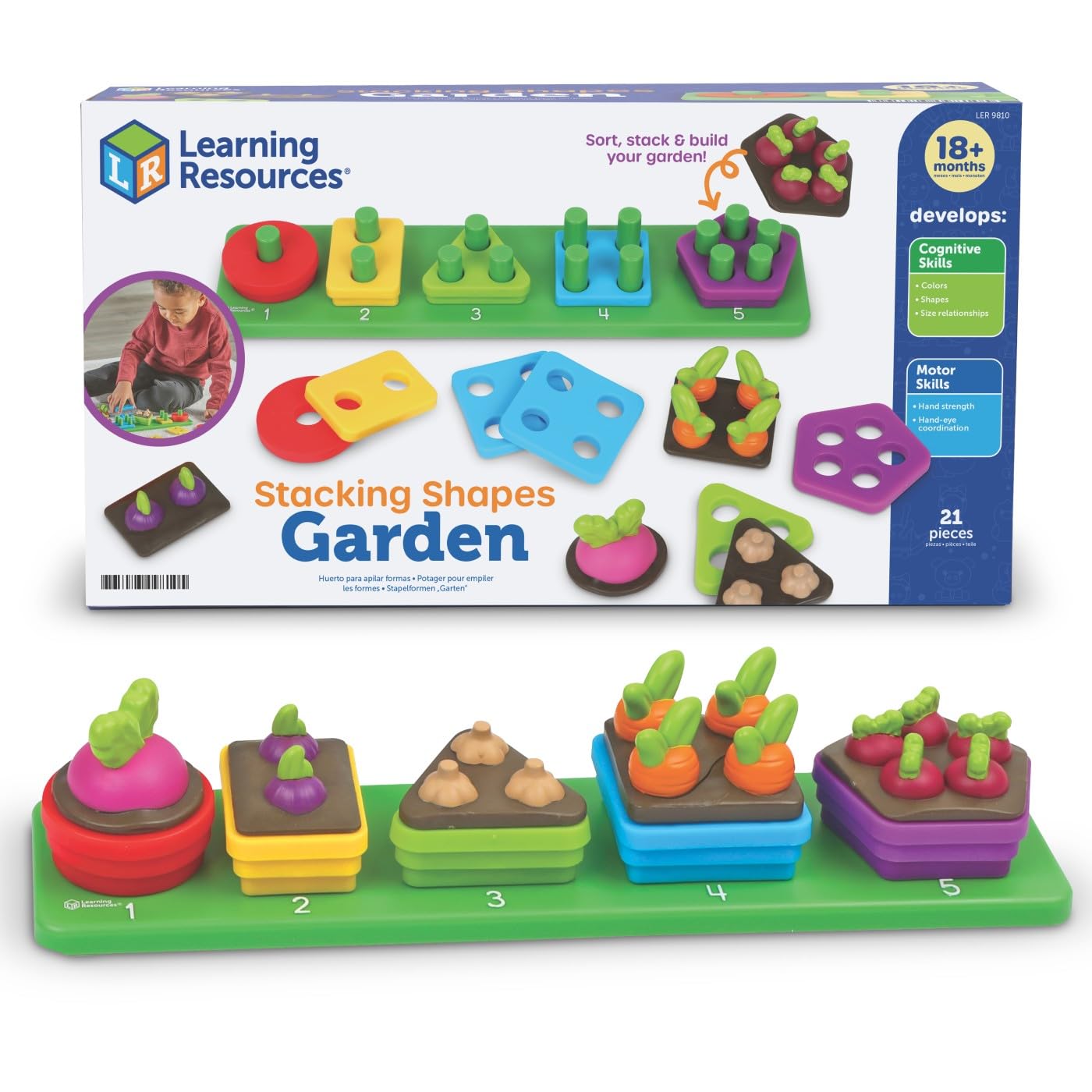 Learning Resources Stacking Shapes Garden, Fine Motor Skills, Stacking and Sorting Puzzle Board, Montessori Toddler Sensory Tabl
