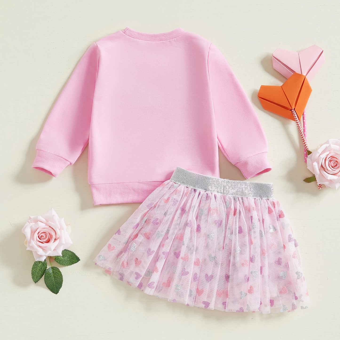 Lagkiyoj Toddler Girls Valentines Day Outfits Long Sleeve Letter Print/Embroidery Sweatshirt+Tulle Skirt Set Baby Clothes (Red L