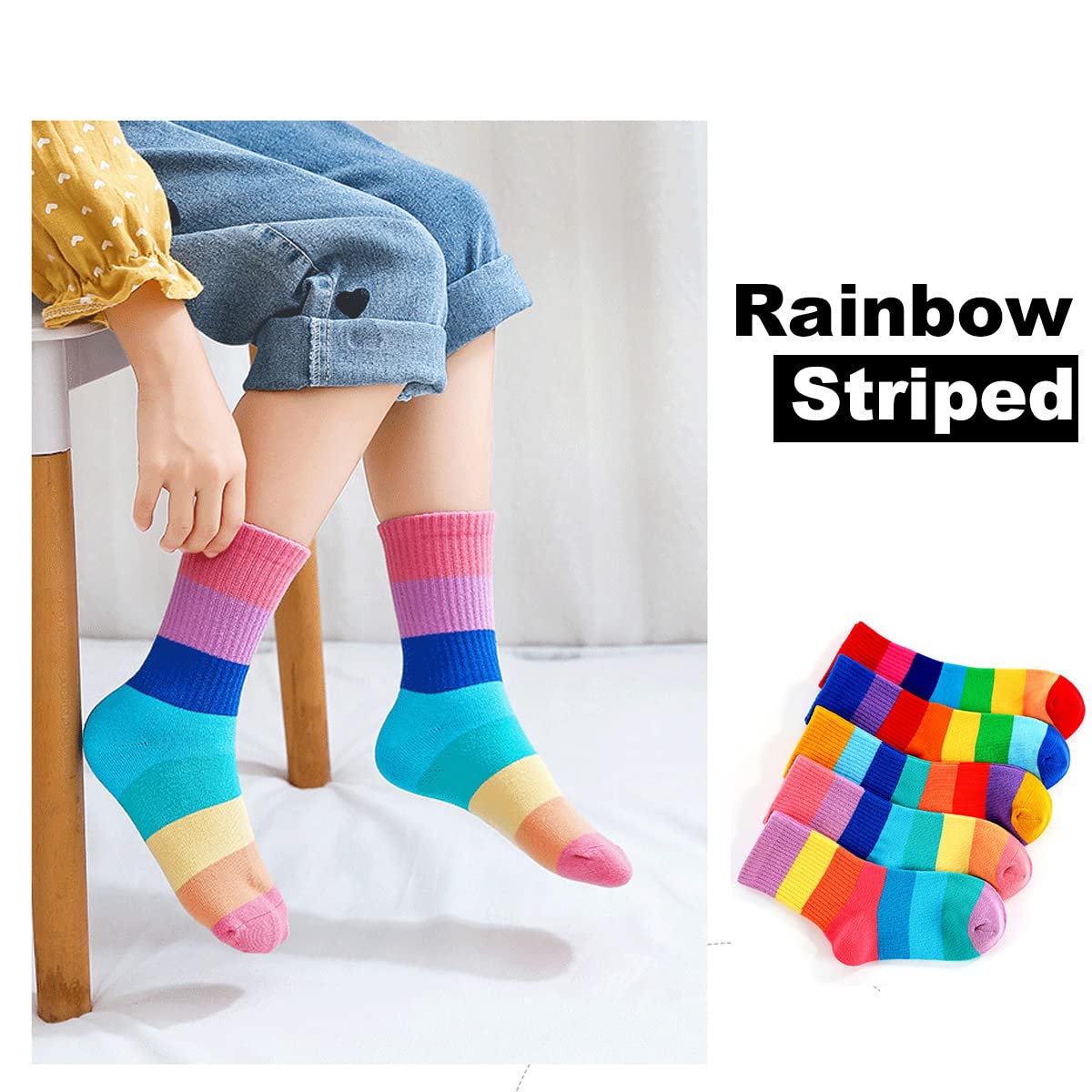 Epeius Girls Seamless Socks Rainbow Striped Crew Socks Baby Girl Cotton Dress Socks For 9-12 Years,Smooth Toes Socks 5 Pack Shoe