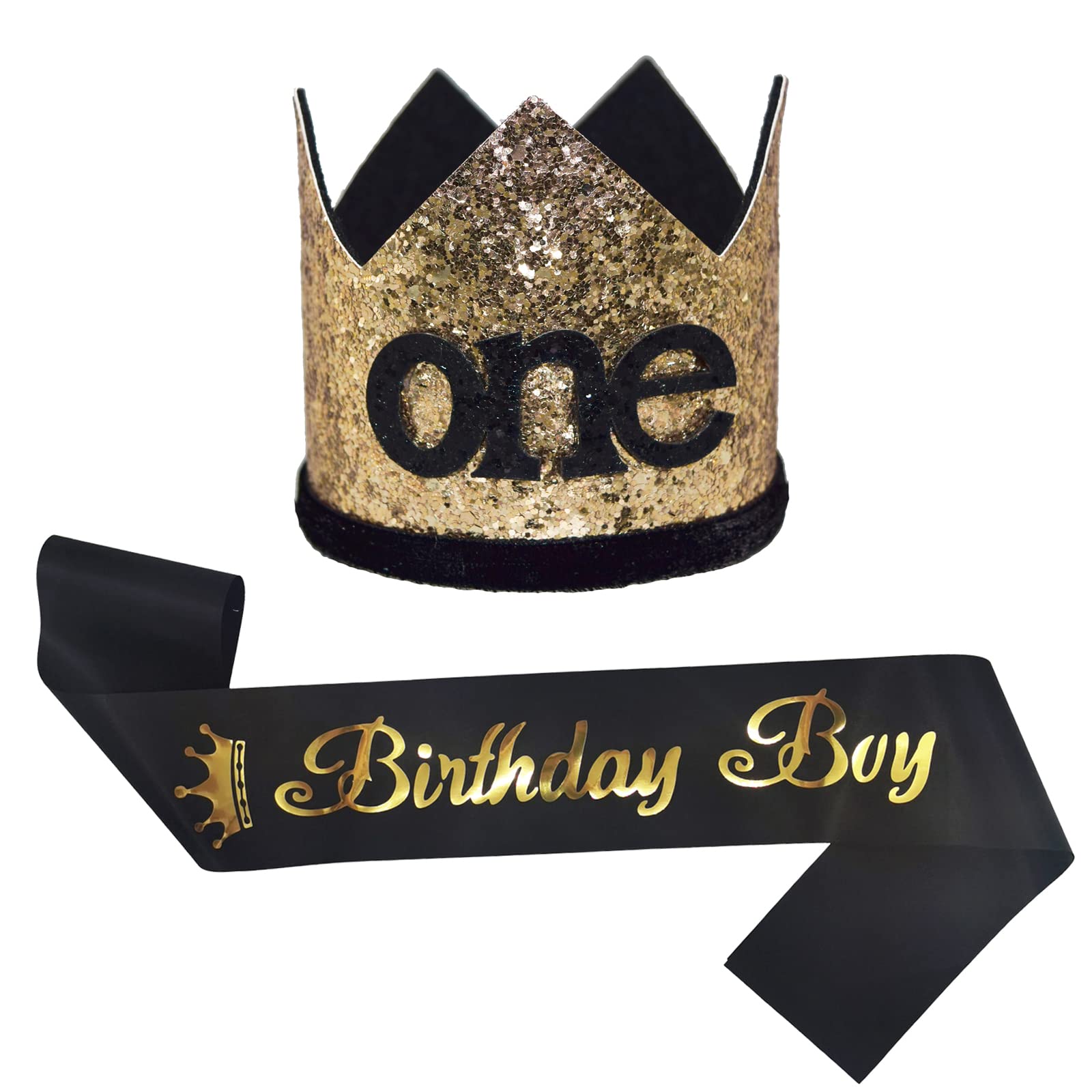 Maticr Glitter First Birthday Crown Baby Boy 1St Bday Party Hat Cake Smash Photo Prop (Large Gold & Black One)