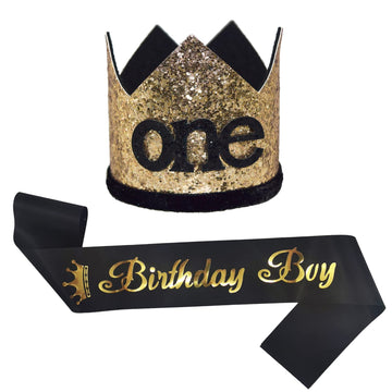 Maticr Glitter First Birthday Crown Baby Boy 1St Bday Party Hat Cake Smash Photo Prop (Large Gold & Black One)