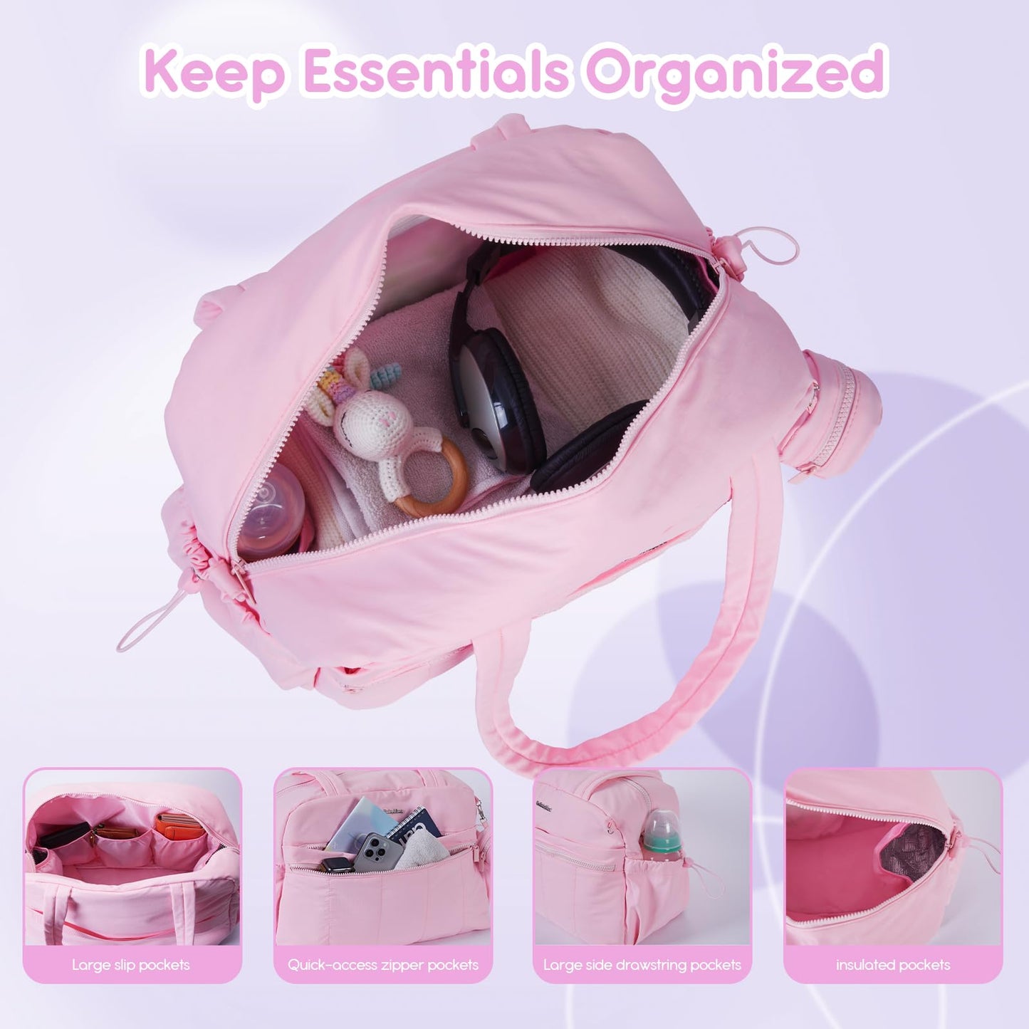 Gobabymart Large Diaper Bag Tote With Changing Pad, Maternity Baby Travel Nappy Bags With Wet Pocket, Hospital Bag (Pink)