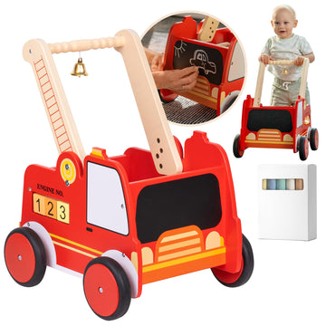 Wooden Baby Walker With Wheels - Baby Walkers For Boys Fire Truck Walker Baby - Walker For Baby Boy With Rigged Handles - Adjust