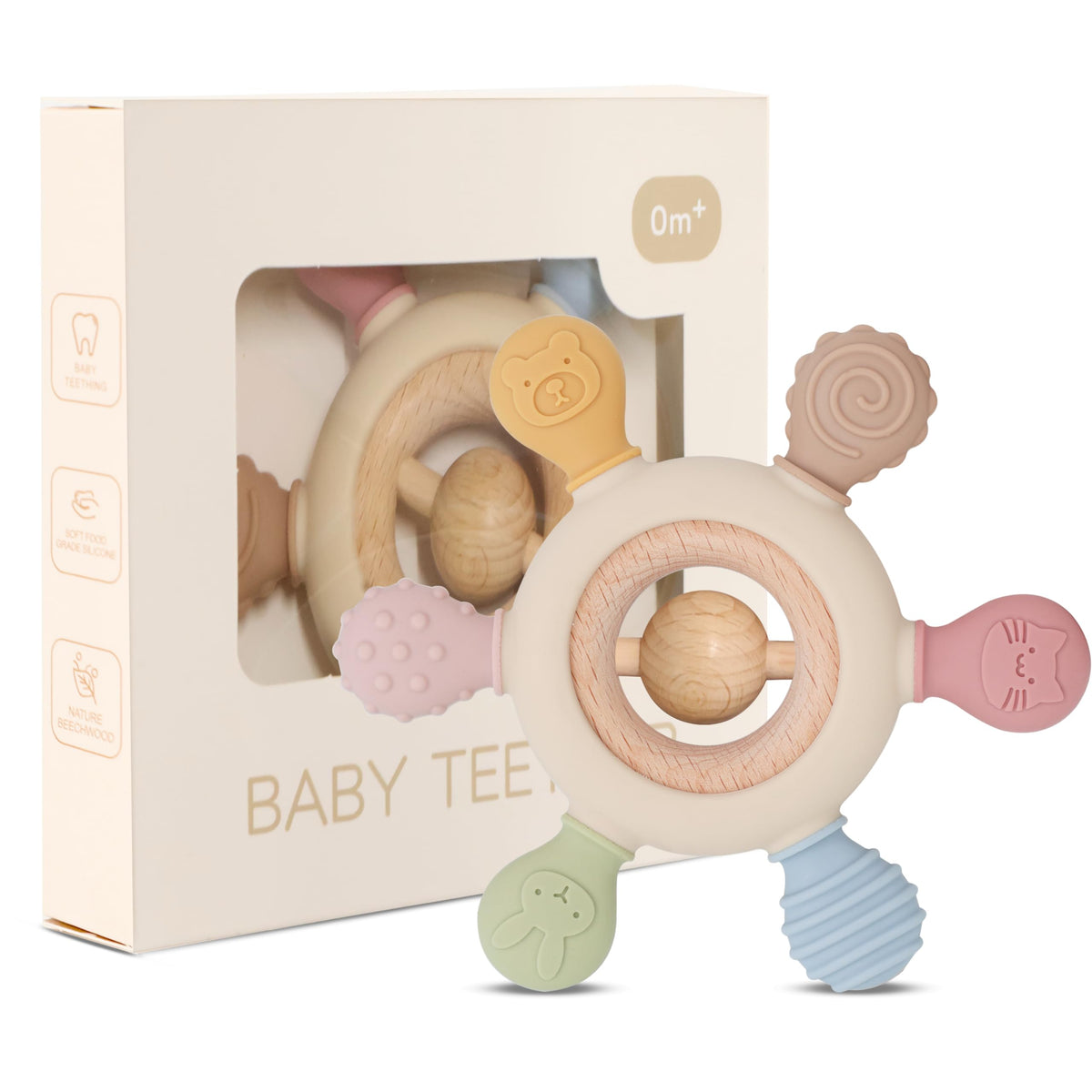 Lyrovo Silicon & Wood Teether For 3+ Months Baby, Bpa Free, Beige, Infants (3 In 1)