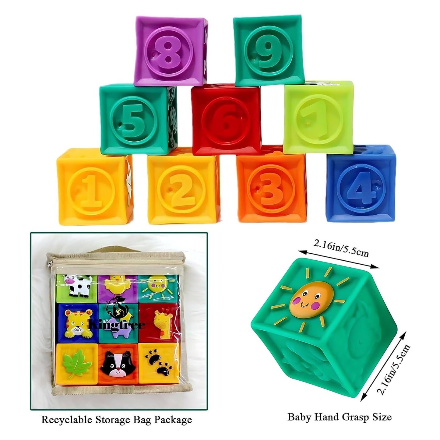 Kingtree Baby Blocks, 9PCS Soft Squeeze Building Blocks Stacking Toys for 6+ Months Babies, Baby Teething Chewing Educational Bl