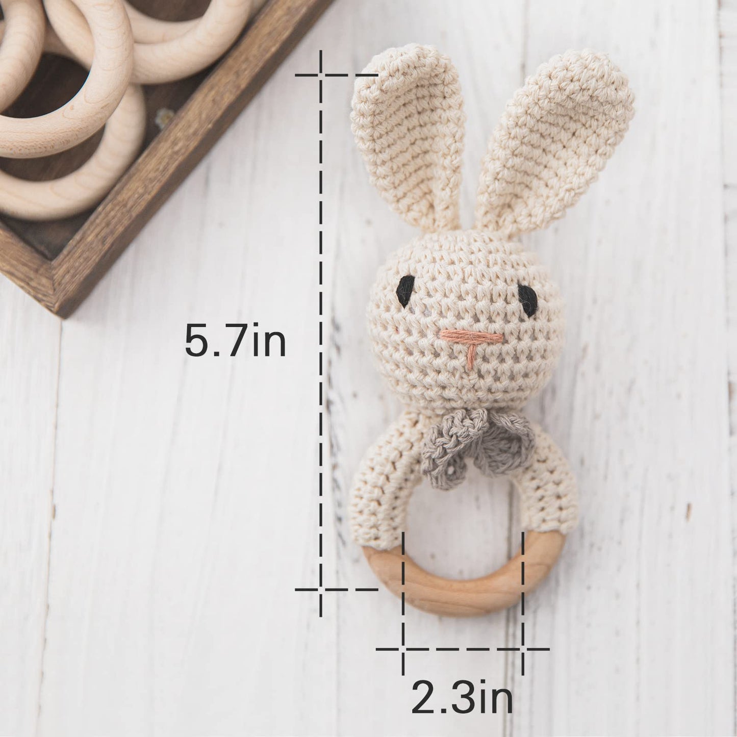 Youuys Wooden Baby Rattle Toys, Easter Bunny Rattle for Baby Crochet Bunny Rattle Toy Natural Wood, Shaker Rattle for Hand Grips