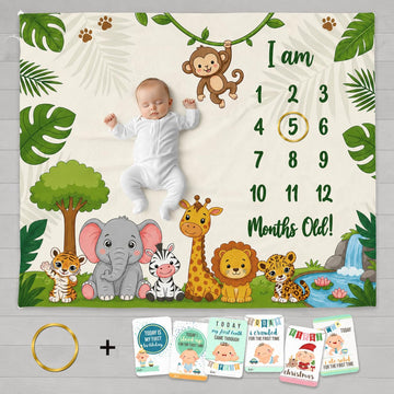 CLOTHINA Baby Monthly Milestone Photoshoot Blanket with Milestone Cards, Cotton, 115x95 cm, Animal Theme, 112 Months (Animal)