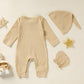 Grnshts Newborn Baby Boy Romper Coming Home Outfits Letter Print Knitted Jumpsuit+Hat+Gloves 3Pcs Clothes Set (Apricot, 1-3 Mont