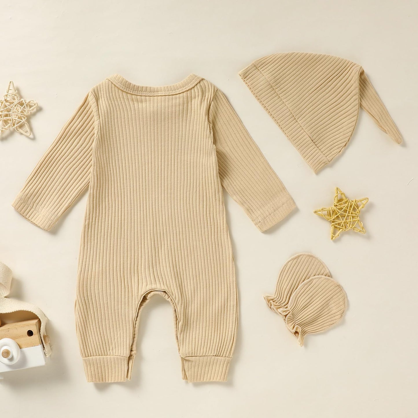 Grnshts Newborn Baby Boy Romper Coming Home Outfits Letter Print Knitted Jumpsuit+Hat+Gloves 3Pcs Clothes Set (Apricot, 1-3 Mont