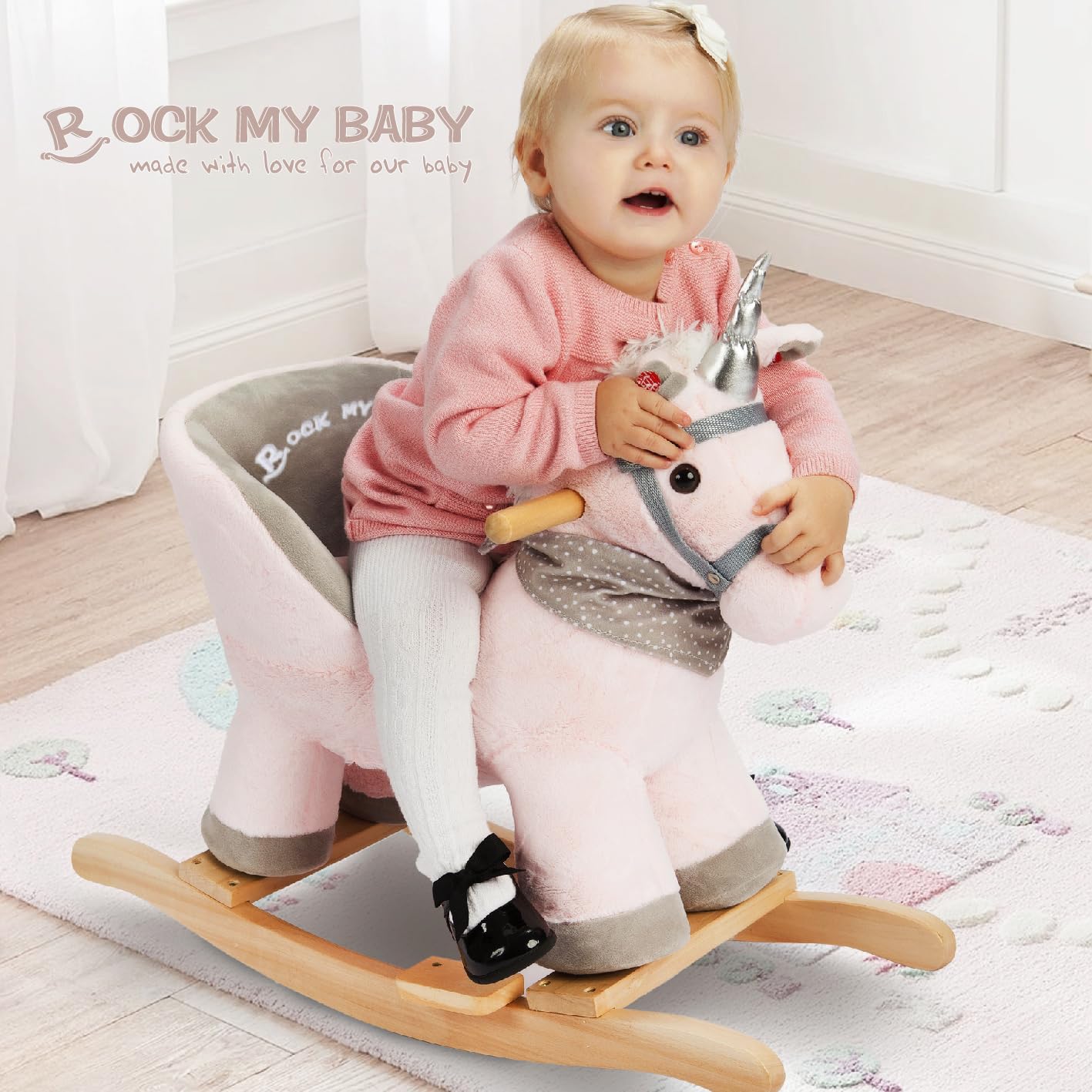 Rock My Baby Rocking Horse with Chair, Pink Unicorn Pony Rocker with Realistic Unicorn Music. Rocking Animal. Wooden Rocking Hor