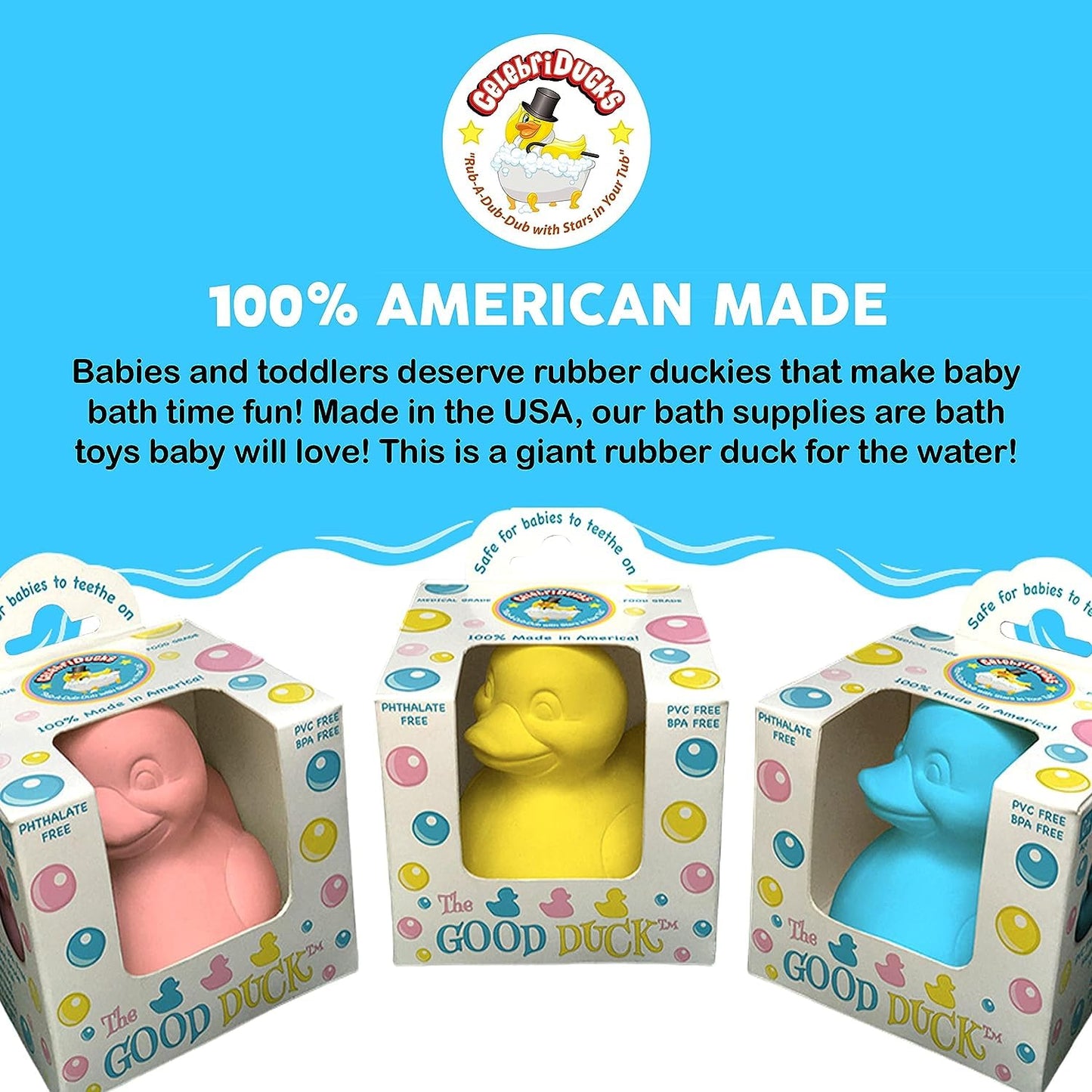 Celebriducks The Good Duck - BPA & PVC Free Rubber Duckie Baby Bath Toy Teether - Baby Blue