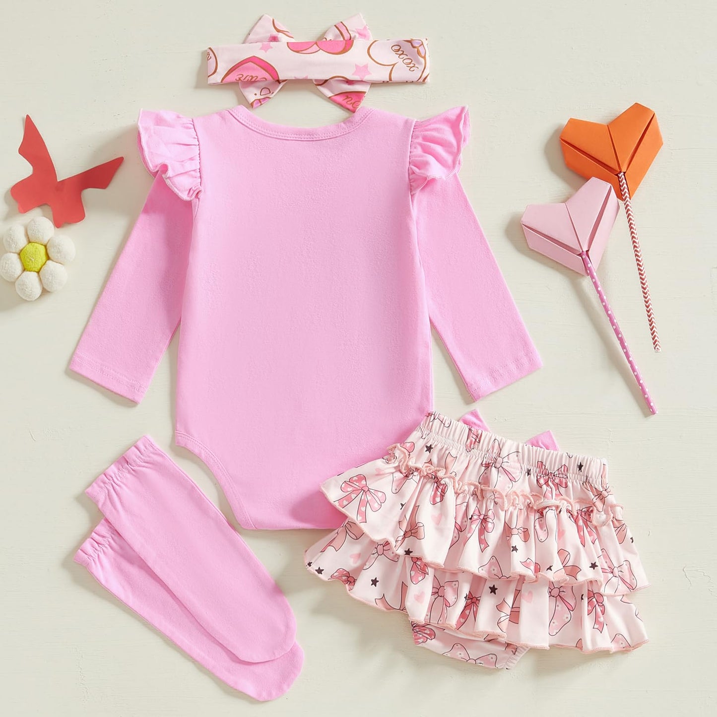 Fybitbo First Valentines Day Baby Girl Outfit Heart Letter Romper Ruffle Tutu Skirt Dress Newborn Infant Girl Clothes Set (Pink-