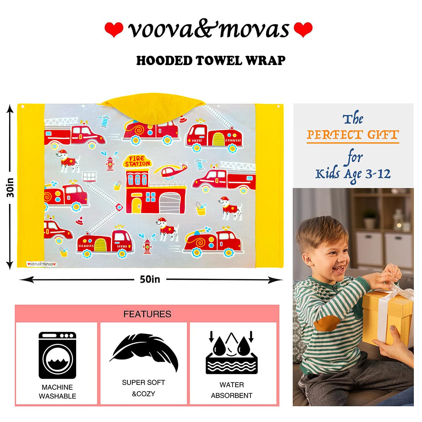 Voova & Movas Kids Beach Towels With Hood For Boys Ages 3-10 | Soft Thick Absorbent Cotton Beach | Pool | Bath Towels, Boys, Yel