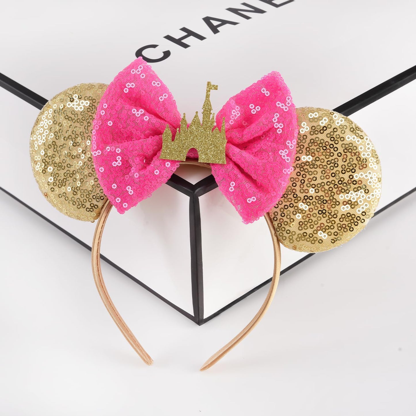 Seamoy Sequin Mouse Ears Headband, Rose Gold Mice Ears, Pink Bow Hairband, Sparkle Rose Gold Classic Red, Castle Pink