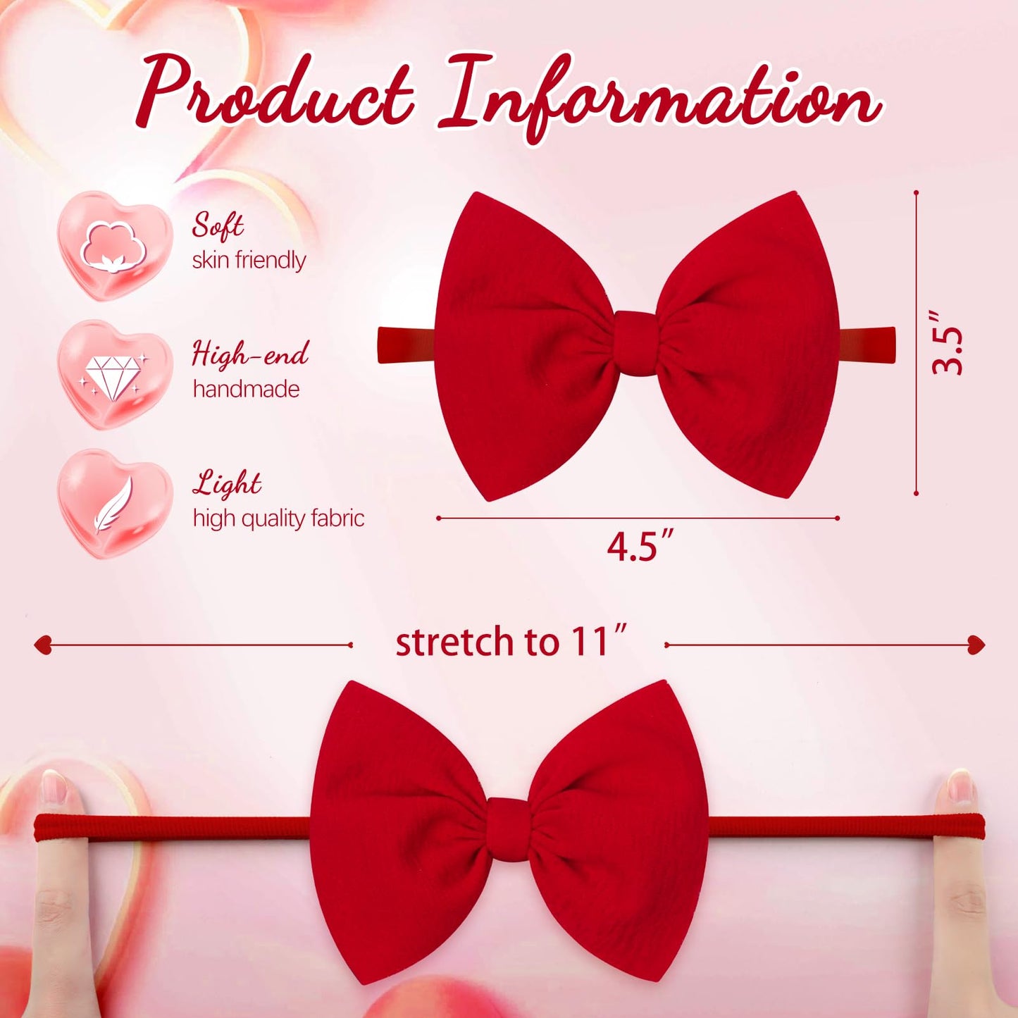 Yanjie Valentines Bows For Girls - Red And Pink Headband Bows - Newborn Valentines Day Hair Accessories - 3 Pack - Soft Nylon Ba