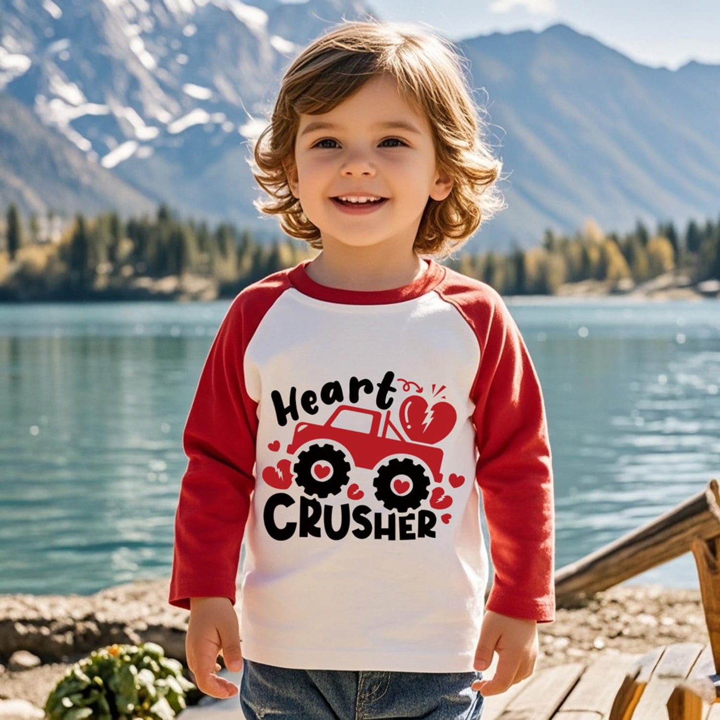 Toddler Boy Valentines Day Shirt Boys Girls Monster Truck Long Sleeve Raglan Kids Shirts For Valentines Red Tops 2T