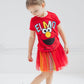 Sesame Street Elmo Toddler Girls Graphic T-Shirt Mesh Skirt And Scrunchie 3 Piece Outfit Set Red/Rainbow 2T