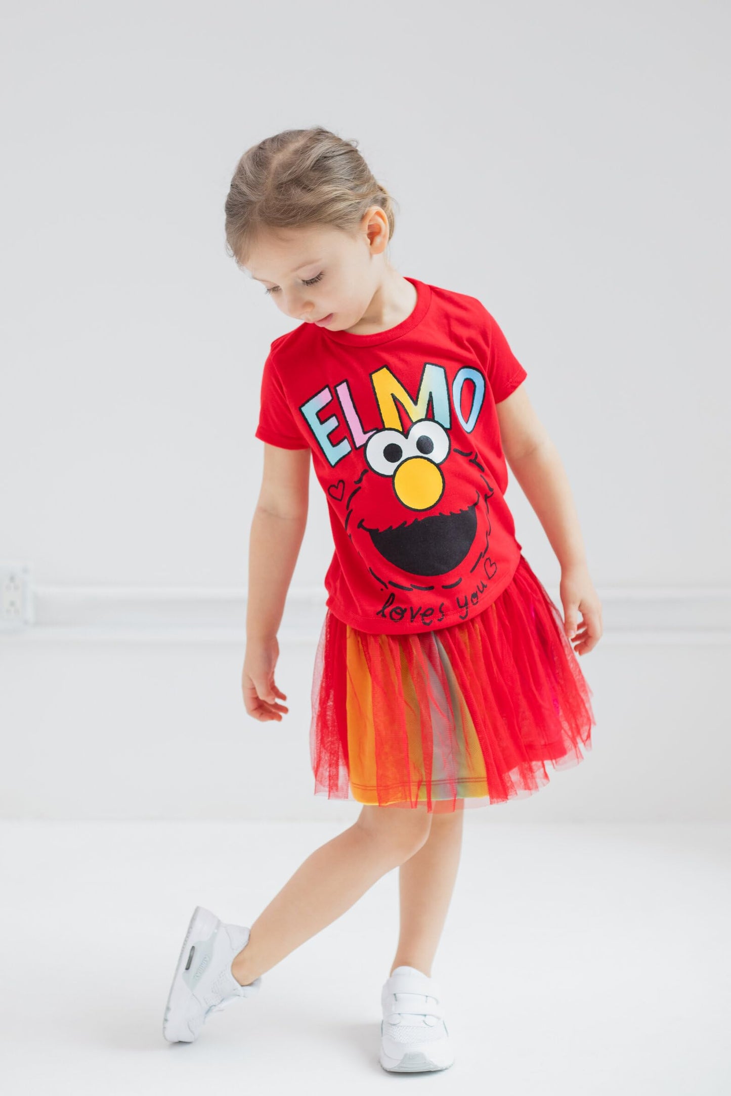 Sesame Street Elmo Toddler Girls Graphic T-Shirt Mesh Skirt And Scrunchie 3 Piece Outfit Set Red/Rainbow 2T
