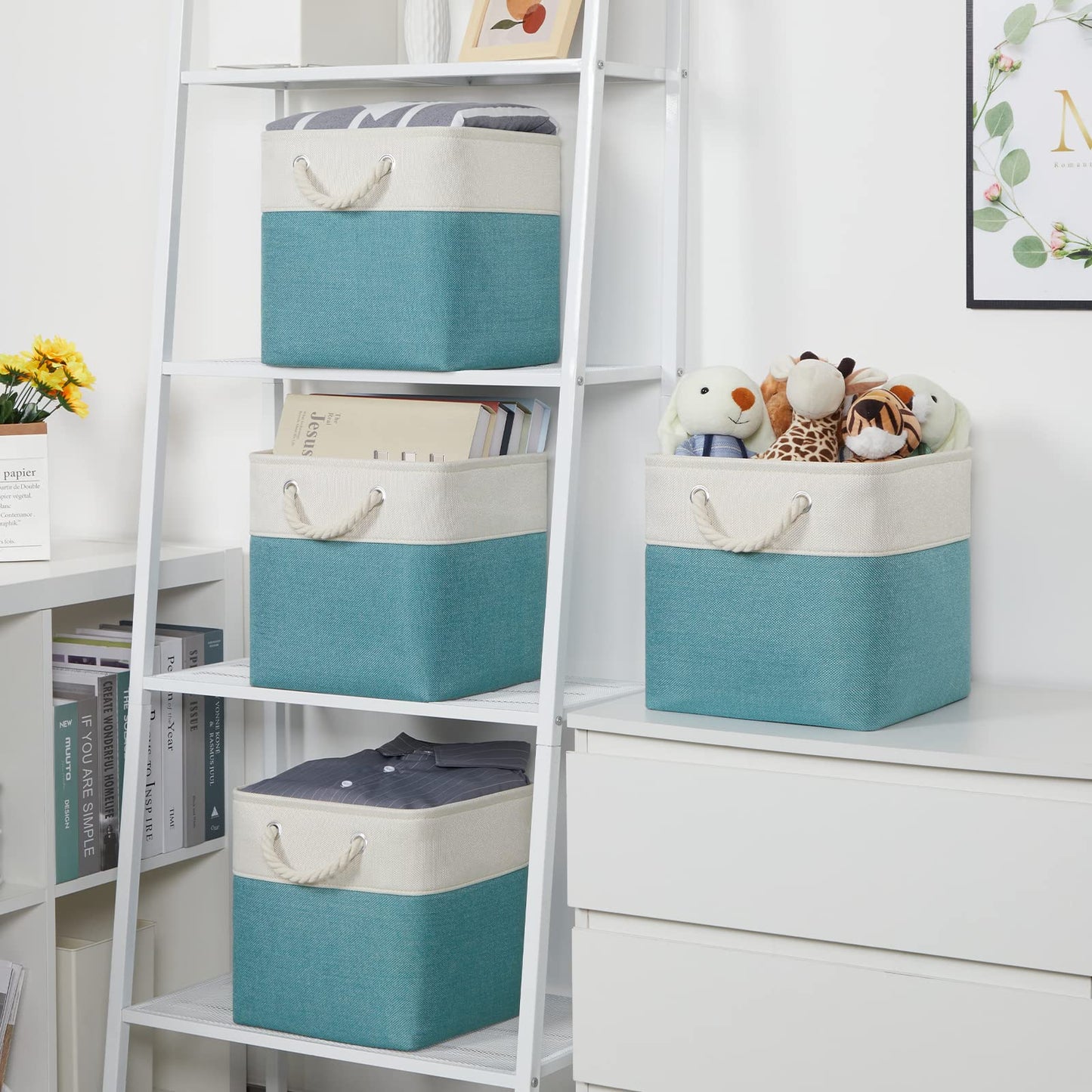Temary Cubes Storage Baskets 11 Inch Cube Storage Bins 4 Pack Fabric Baskets For Gift Empty Teal Storage Bins For Shelves, Colla