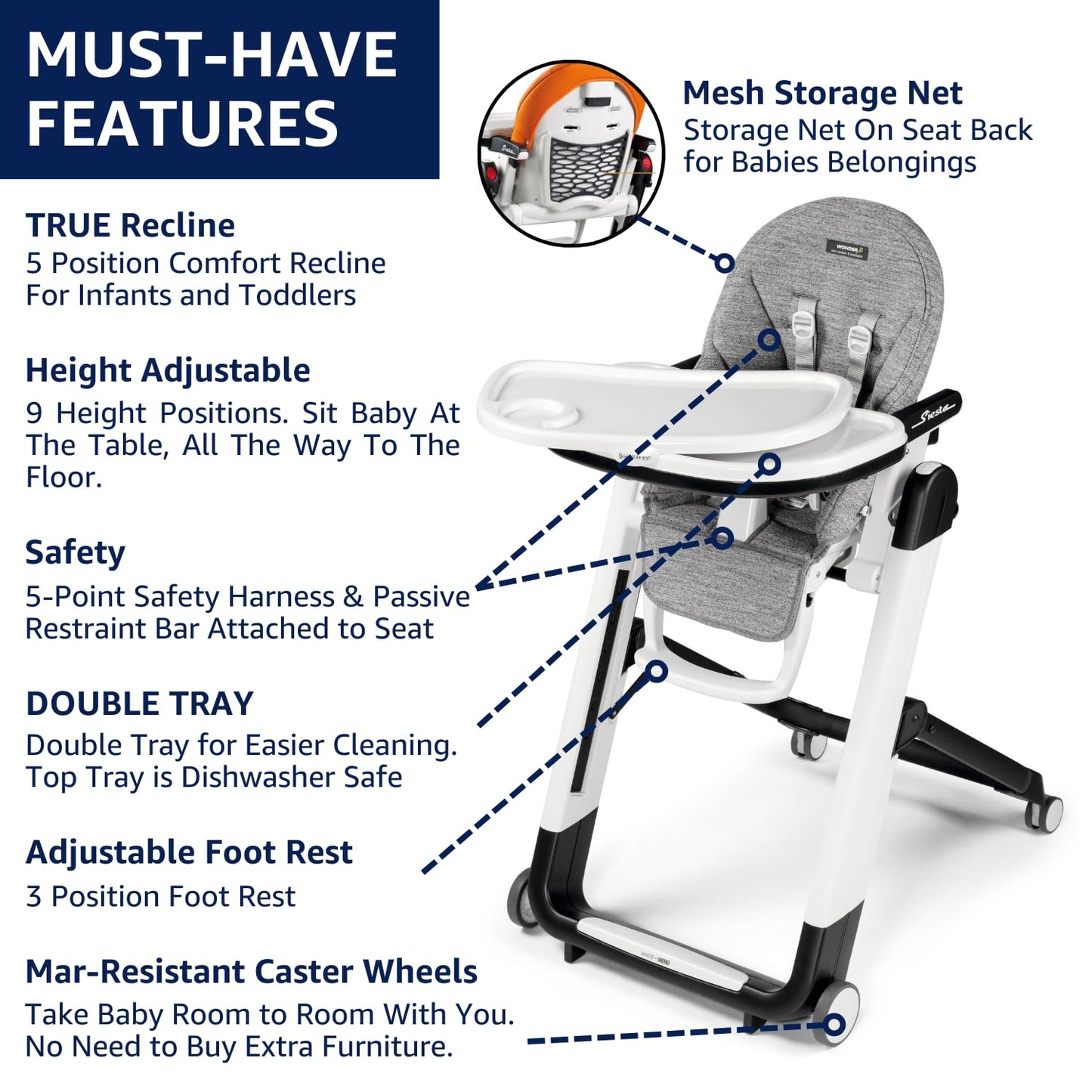 Peg Perego Siesta, Grow With Baby Folding High Chair & Recliner, Height Adjustable, Quick Clean & Easy Push Wheels For Babies &