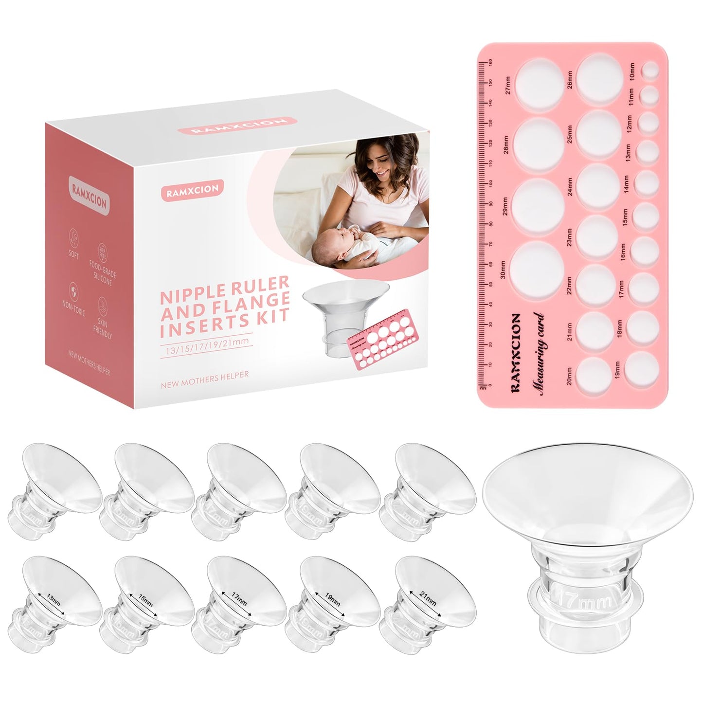 Nipple Ruler, Flange Sizing Kit With 10Pcs Flange Insert 13/15/17/19/21Mm, Silicone & Soft Flange Insert Kit For Breast Pump Rep