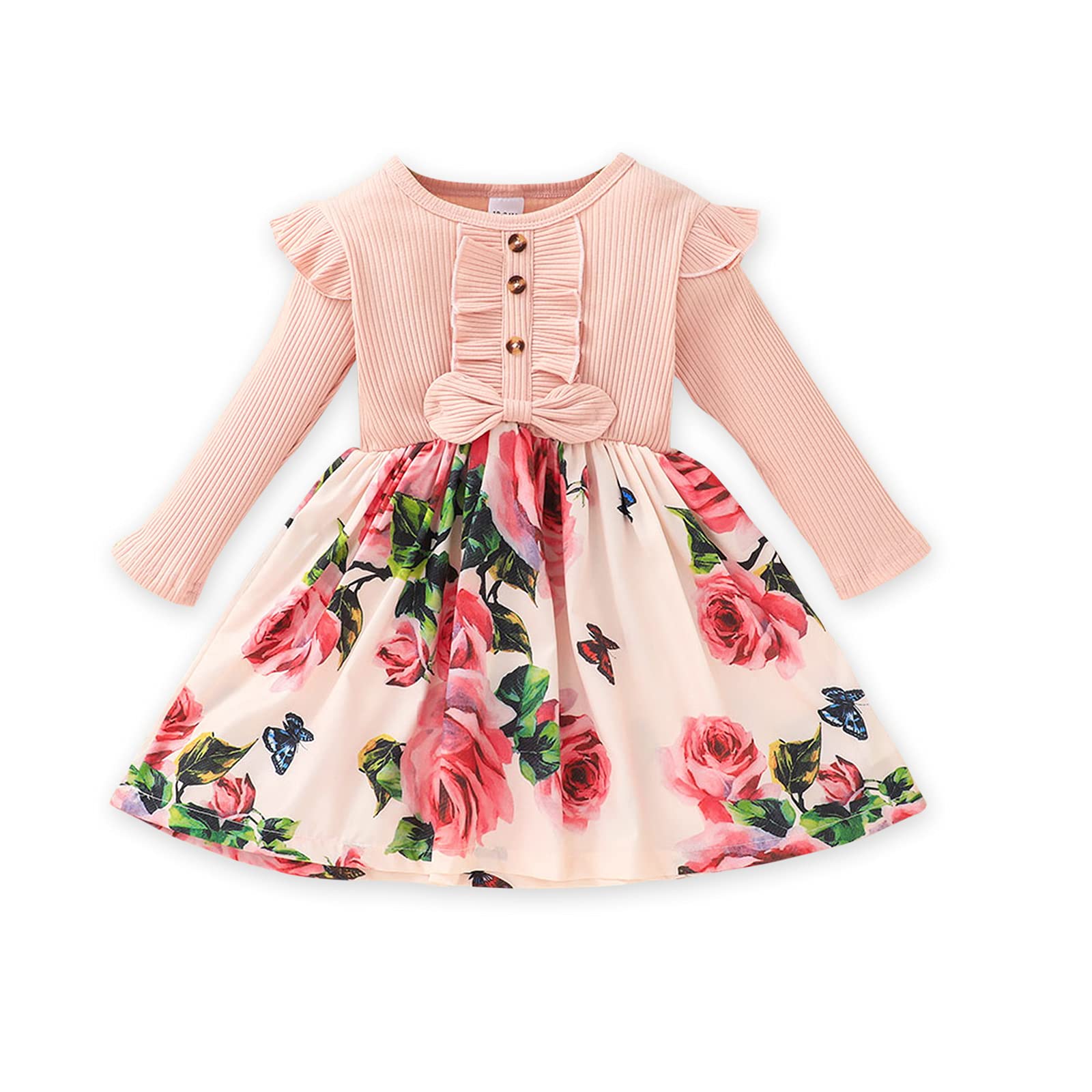 Patpat Toddler Girl'S Floral Dress Ribbed Ruffle Long-Sleeve Spring Rose Valentine Dresses Pink 5-6 Years