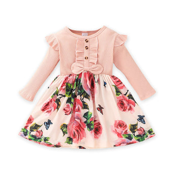 Patpat Toddler Girl'S Floral Dress Ribbed Ruffle Long-Sleeve Spring Rose Valentine Dresses Pink 3-4 Years