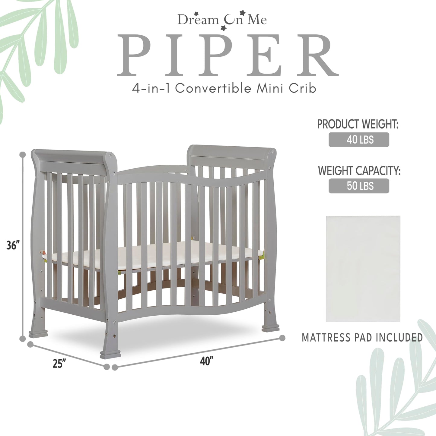 Dream On Me Violet 4-In-1 Convertible Mini Crib In Pebble Grey, Greenguard Gold Certified, Jpma Certified, 3 Position Mattress H