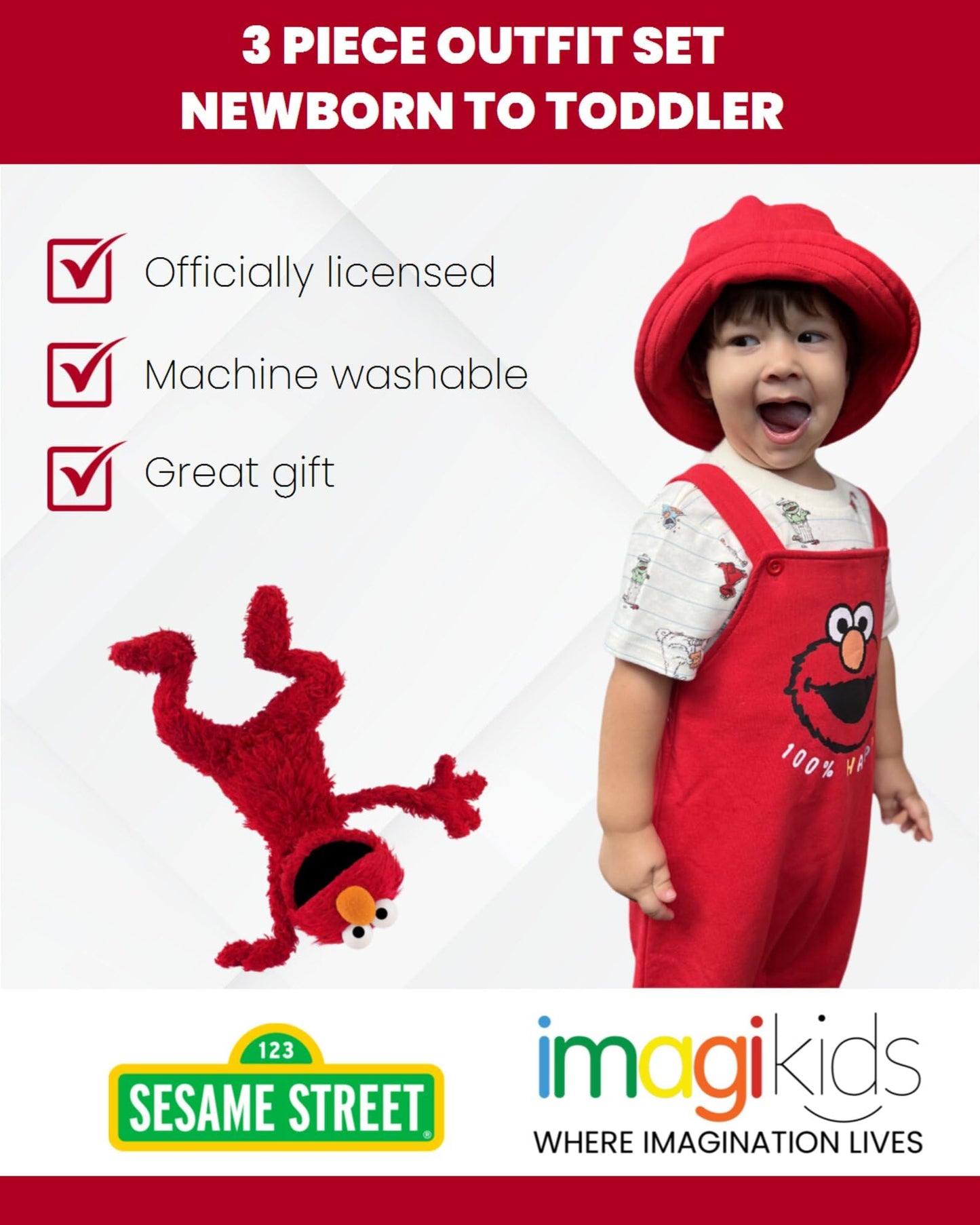 Sesame Street Elmo Toddler Boys French Terry Short Overalls T-Shirt And Hat 3 Piece Outfit Set Red/White 3T