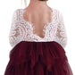 2Bunnies Girl Peony Lace Back A-Line Tiered Tutu Tulle Flower Girl Dress (Burgundy Sleeve Short, 9-10Yrs)