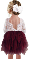 2Bunnies Girl Peony Lace Back A-Line Tiered Tutu Tulle Flower Girl Dress (Burgundy Sleeve Short, 5)