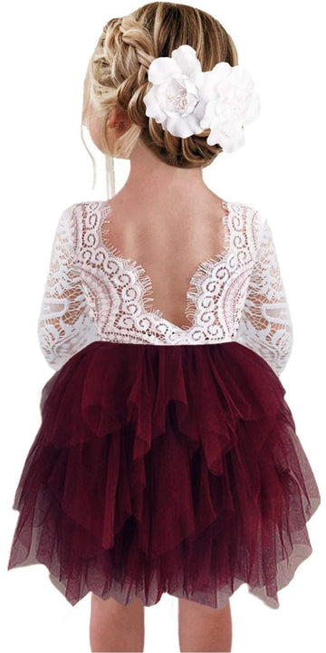 2Bunnies Girl Peony Lace Back A-Line Tiered Tutu Tulle Flower Girl Dress (Burgundy Sleeve Short, 5)