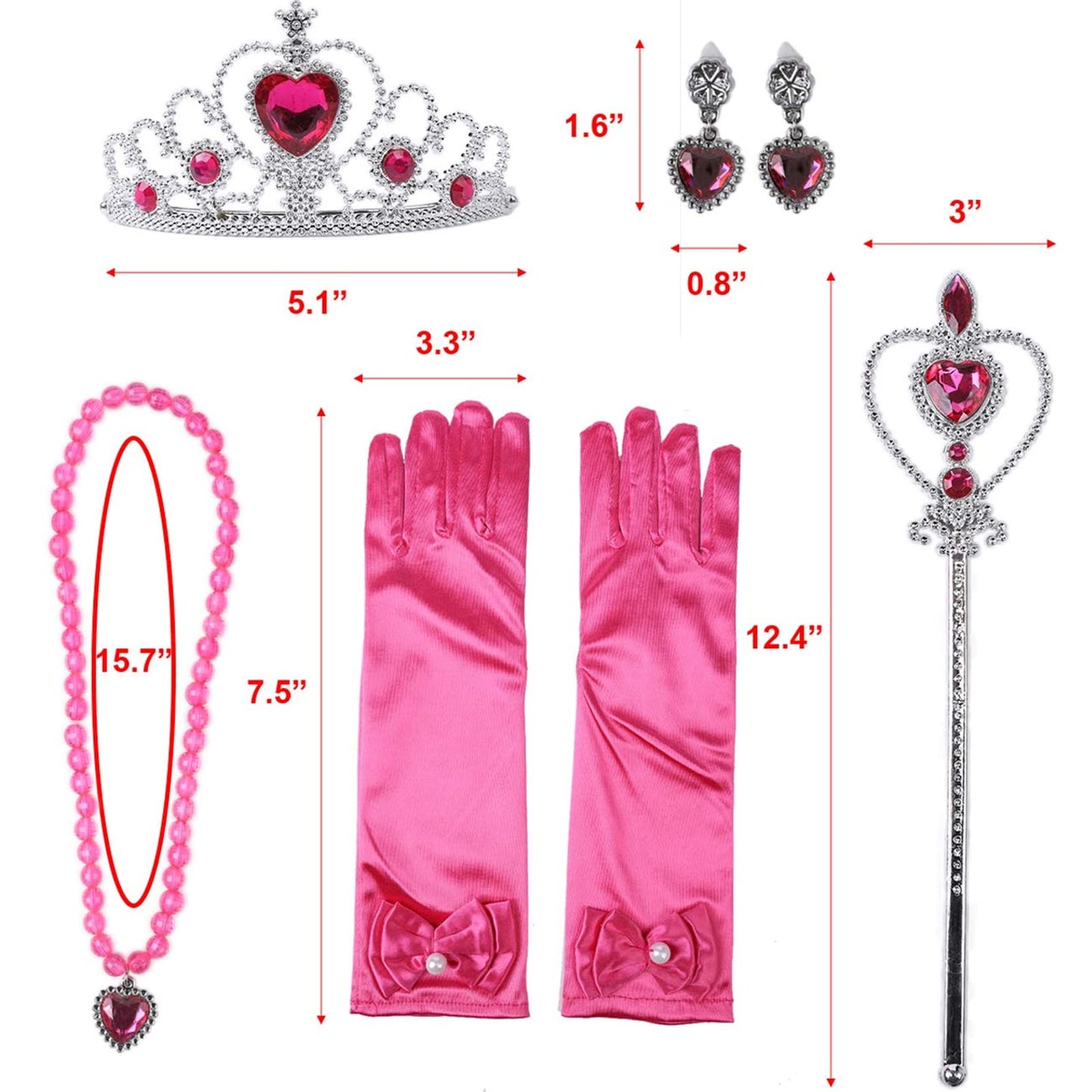 Orgrimmar Princess Dress Up Accessories For Belle Gloves Princess Tiara Crown Wand Necklaces For Kids (Rose Red)