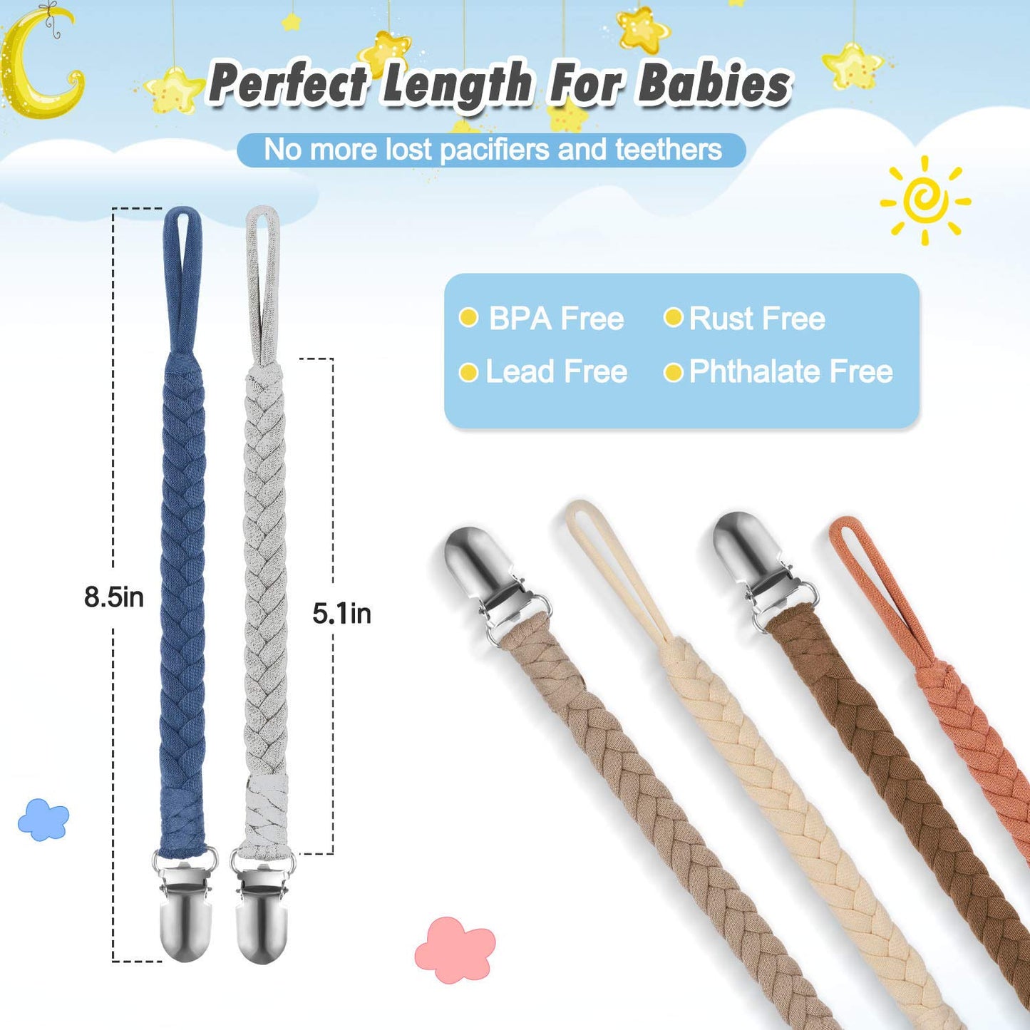 Pokipaw Pacifier Clip For Boys And Girls, 6 Pack Baby Pacifier Holder Leash 100% Handmade Braided Fits All Pacifiers & Teething