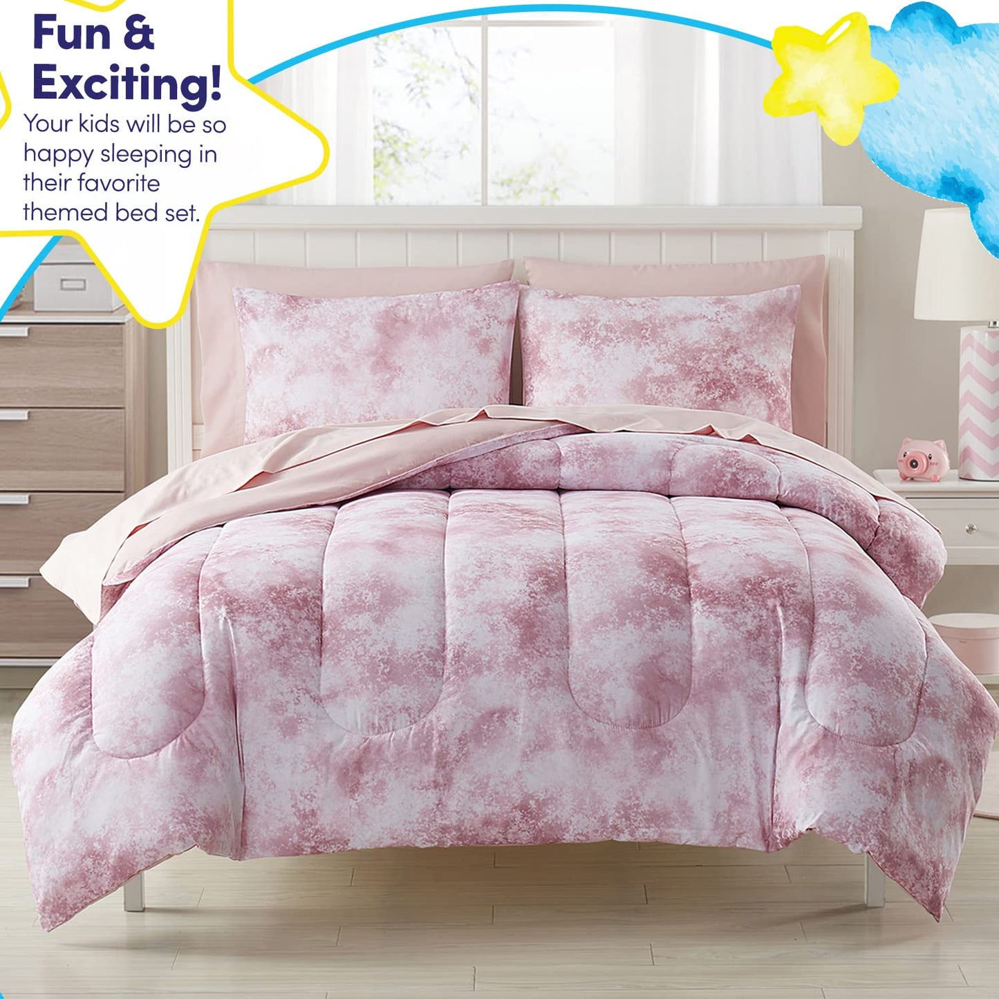 Kids Bedding Set Bed In A Bag For Boys And Girls Toddlers Printed Sheet Set And Comforter, Full, Waterbury Marble (Pack Of 4)